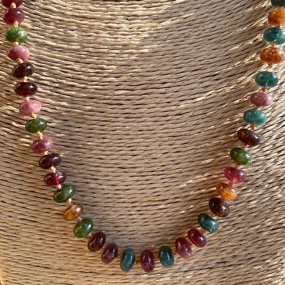 Natural Stone Rondelle Colorful Tourmaline knotted Necklace Handmade New - Picture 6 of 13
